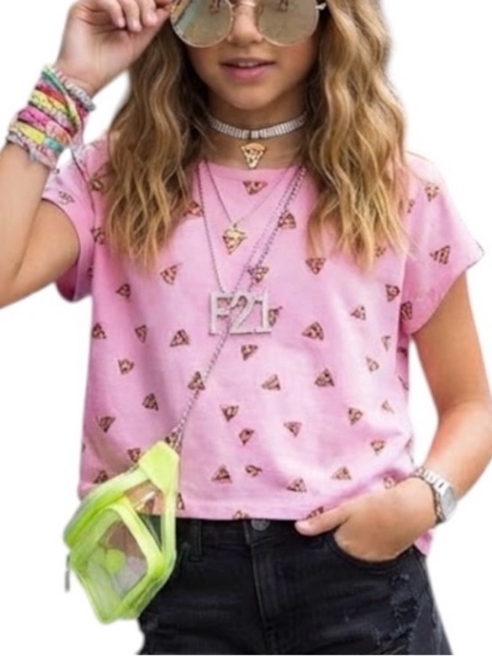 FOREVER 21 Y2K Girls Pink Pizza Graphic Cap Sleeve Tee Shirt 14 Fits Ladies XS